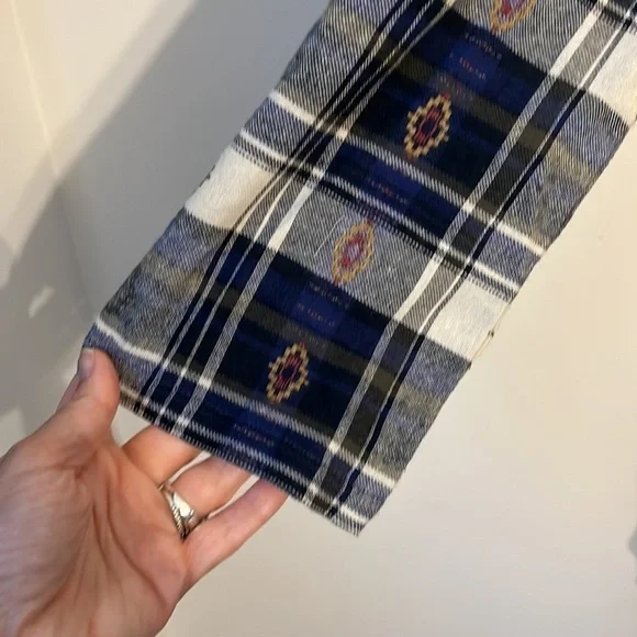 En Creme Blue Blue Plaid Open Front‎ Crinkle Draped Fringe Cardigan M ♣️ - Picture 5 of 6